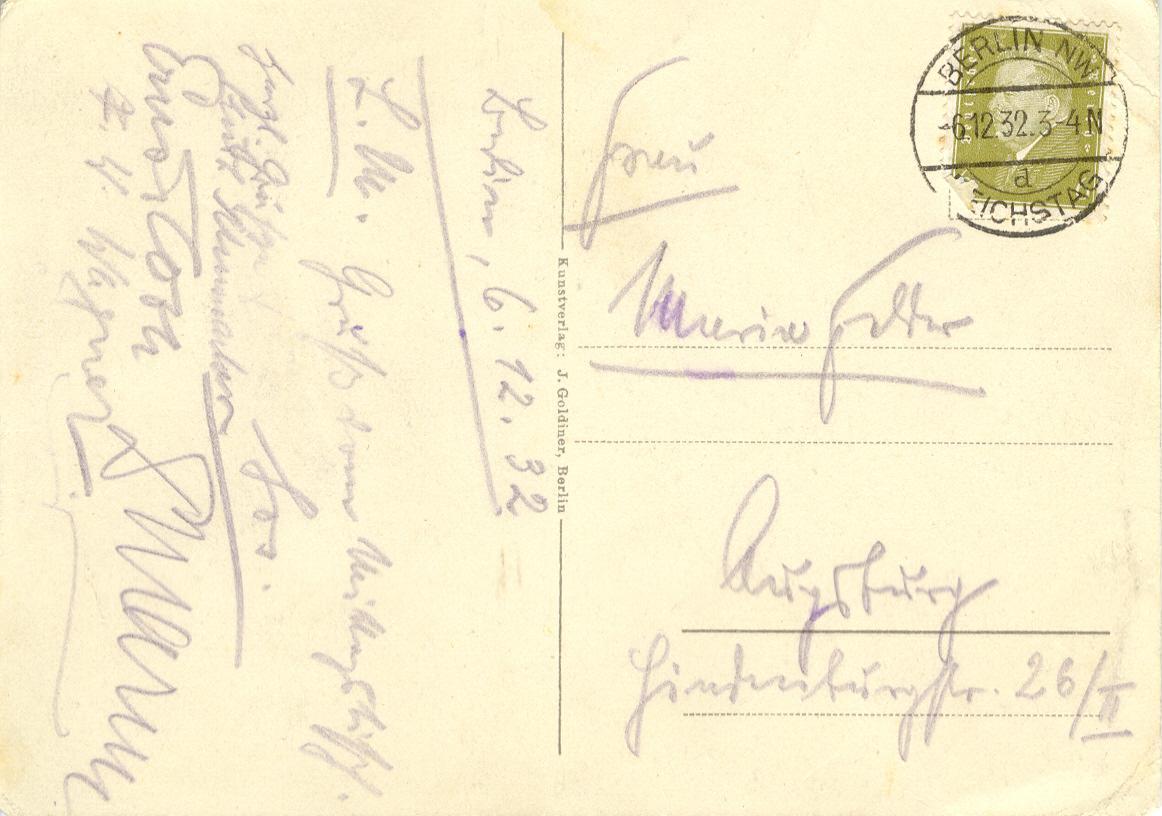 Karte Josef Felders an seine Frau Maria, ebenfalls aus Berlin, 6.12.1932